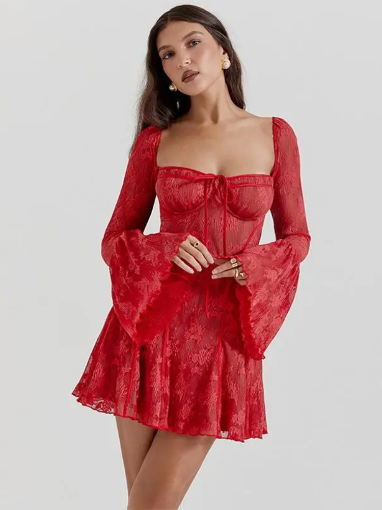 Kissbake event dresses for women luxury Lace Flare Sleeve High Waist Mini Dress Women Square Collar Low Cut Backless Pleated Dresses 2024 Sexy Fashion Party Club Robes