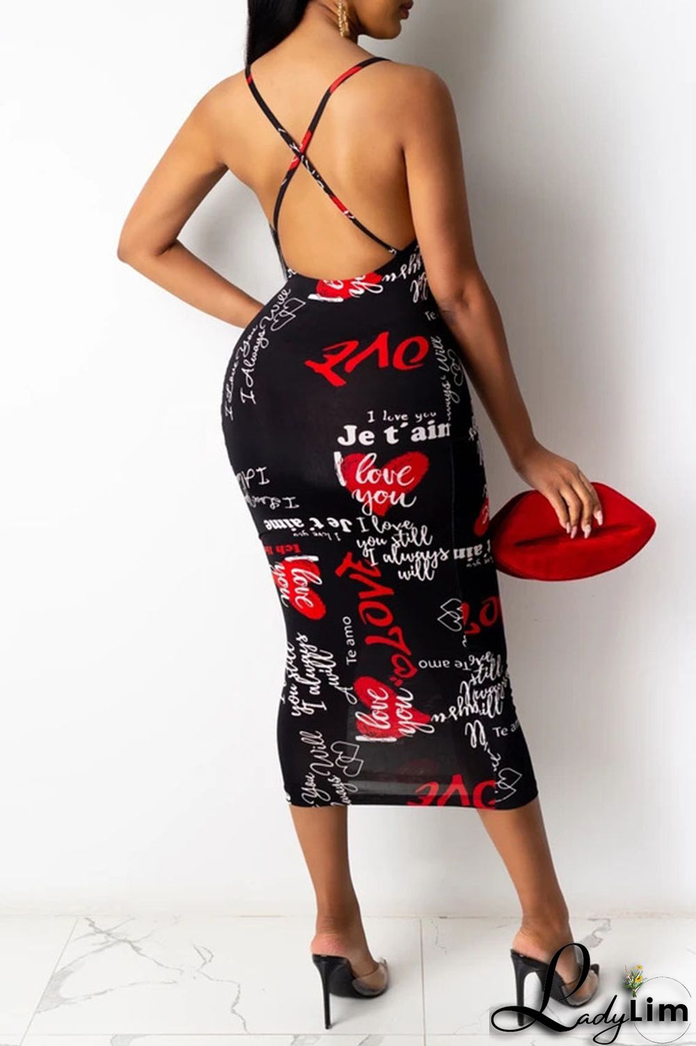 Black Red Sexy Print Split Joint Spaghetti Strap Sling Dress Dresses