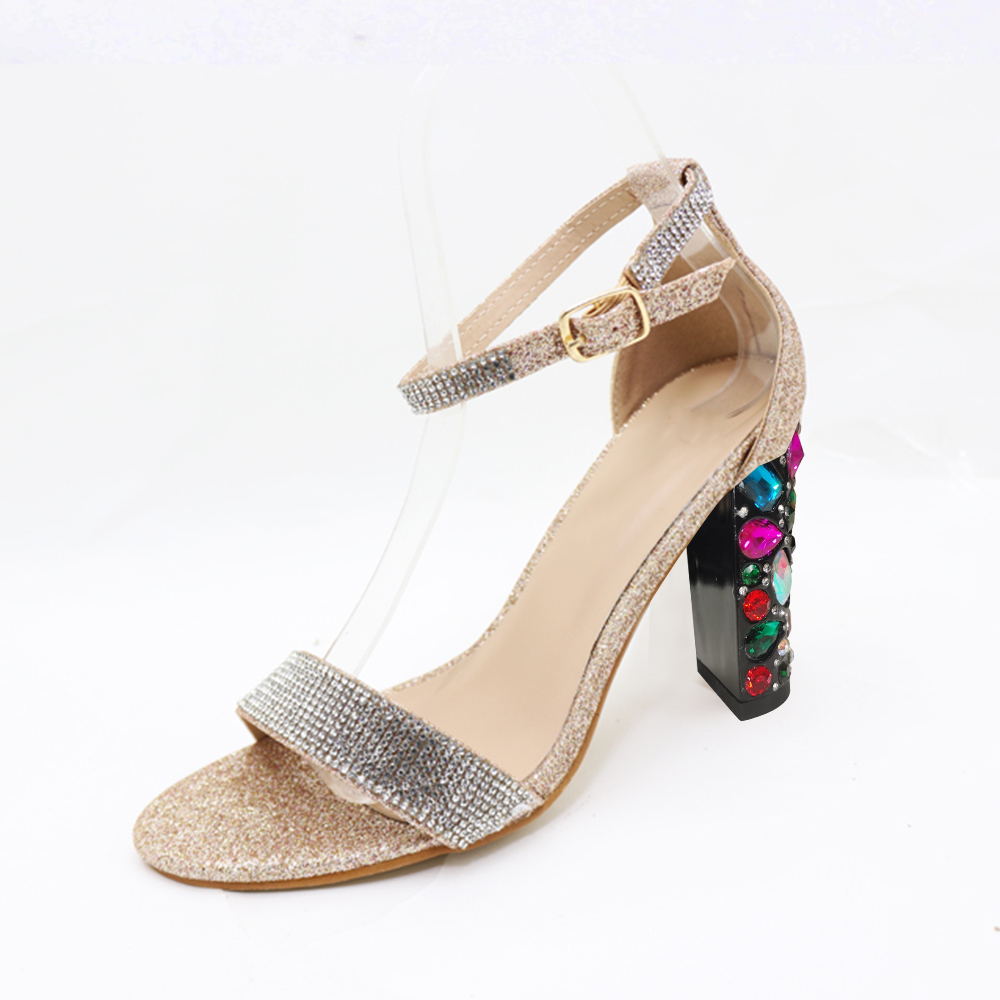 Beige Open Toe 4'' Decorative Heel Ankle Strap Sandals with Rhinestone Nicepairs
