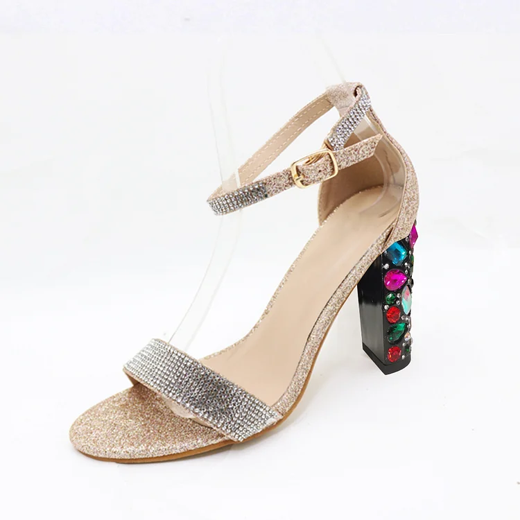 Beige Rhinestone Ankle Strap Sandals with Open Round Toe and Decorative Heels. Vdcoo