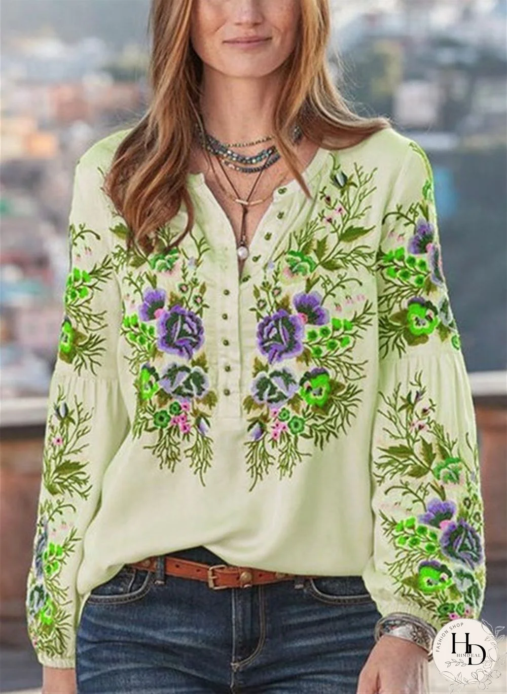 V-Neck Button Women Flower Printed Autumn Top