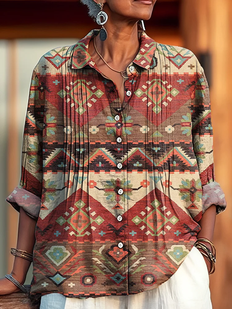 Women's Vintage Ethnic Geometric Pattern Art Print Casual Cotton And Linen Ruffle Shirt