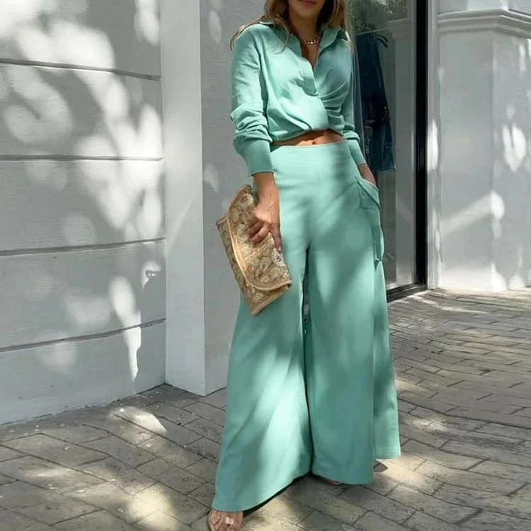 Solid Color Loose Pockets Fashion Pants Casual Set