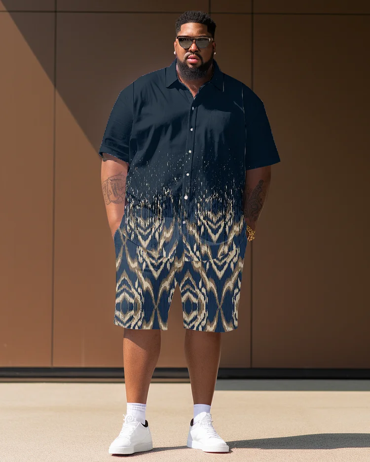 Men's Large Size Gradient Geometric Short-sleeved Shirt Shorts Set
