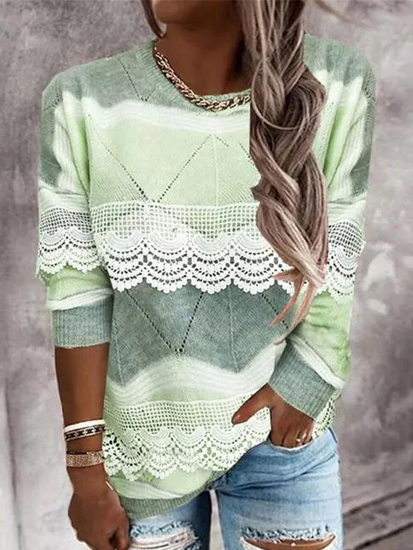  thdmladies Gradient Lace Trim Cable Knit Pullover Sweater thedmladies