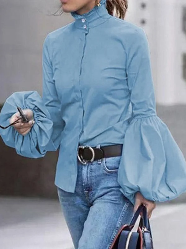 Solid Color Lantern Sleeve All-Match Blouse