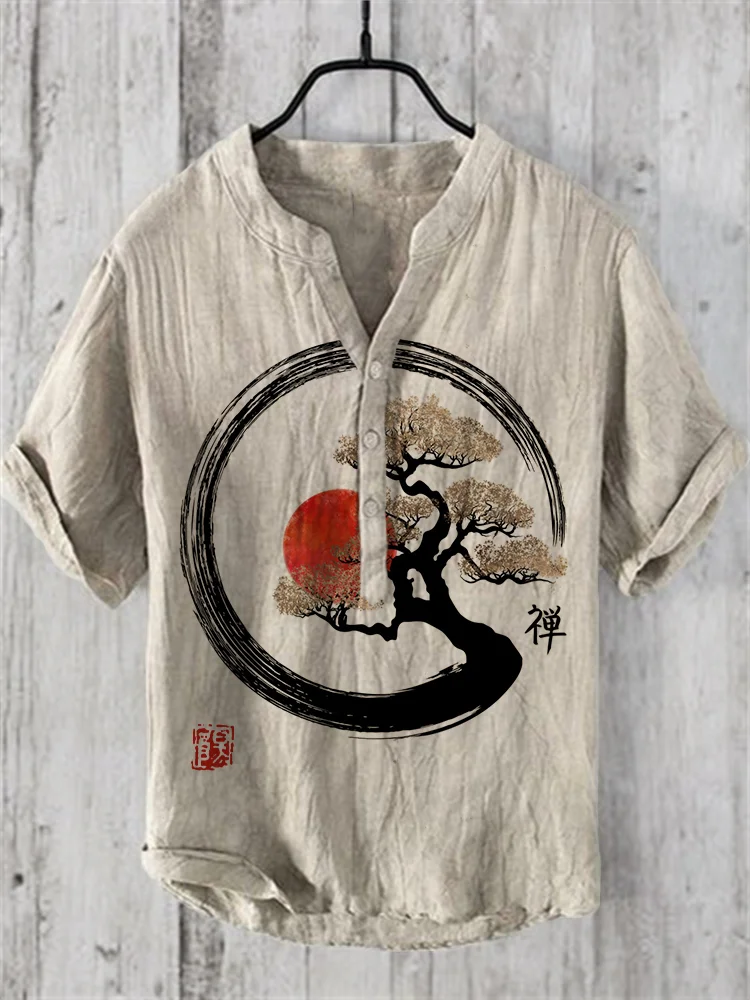 Pine Tree Sunrise Japanese Art Linen Blend Shirt