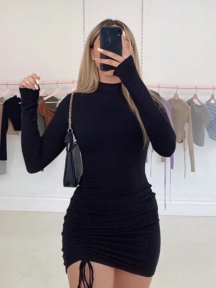 Julissa Mo Long Sleeve Ruched Bodycon Dress Women Turtleneck Bandage Mini Dresses Autumn Black Skinny Stretchy Party Vestidos