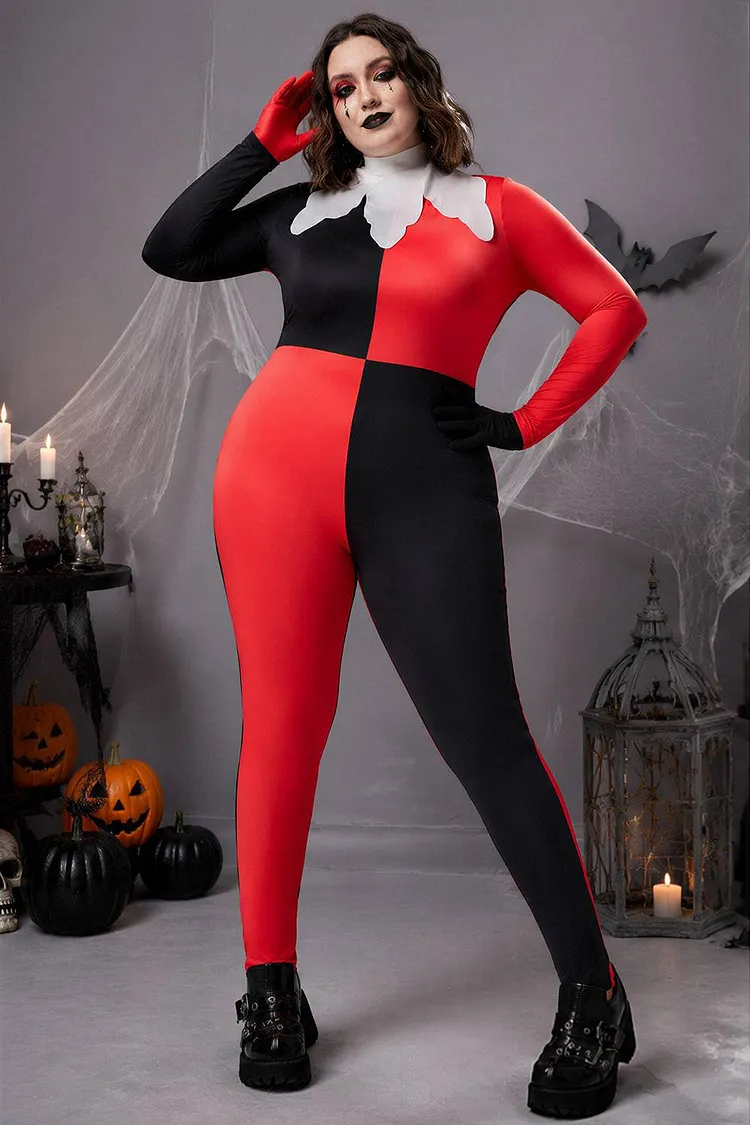 Xpluswear Design Plus Size Casual Halloween Costume Red All Over Print Long Sleeve Knitted Jumpsuit（Ships 24h） 2024 - Xpluswear
