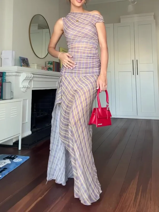 Plaid Off-shoulder Slit Dress