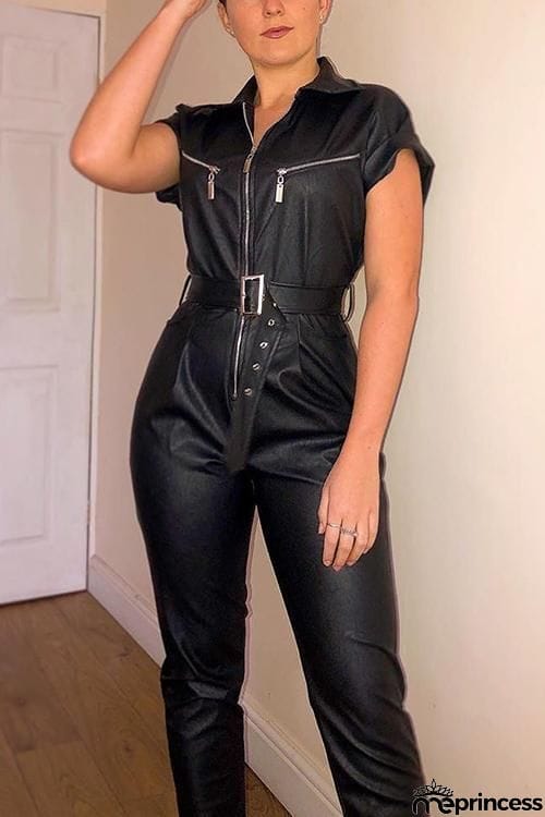 Zipper Long Sleeve PU Jumpsuit
