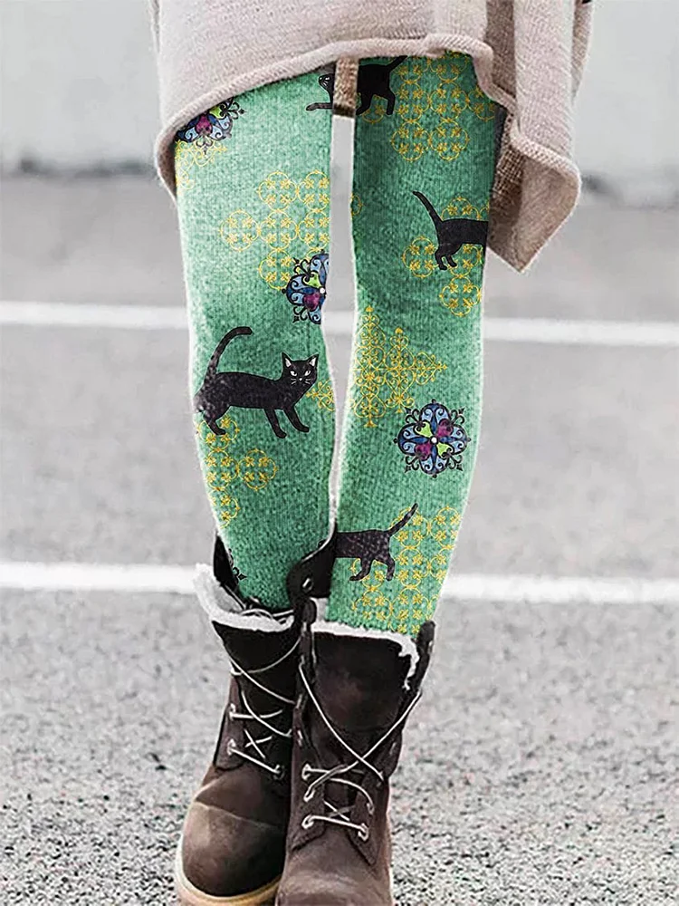 Women's Cat Print Brushed Knit Leggings