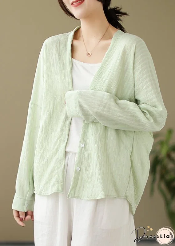 Green Button Patchwork Cotton Coat Outwear V Neck Fall