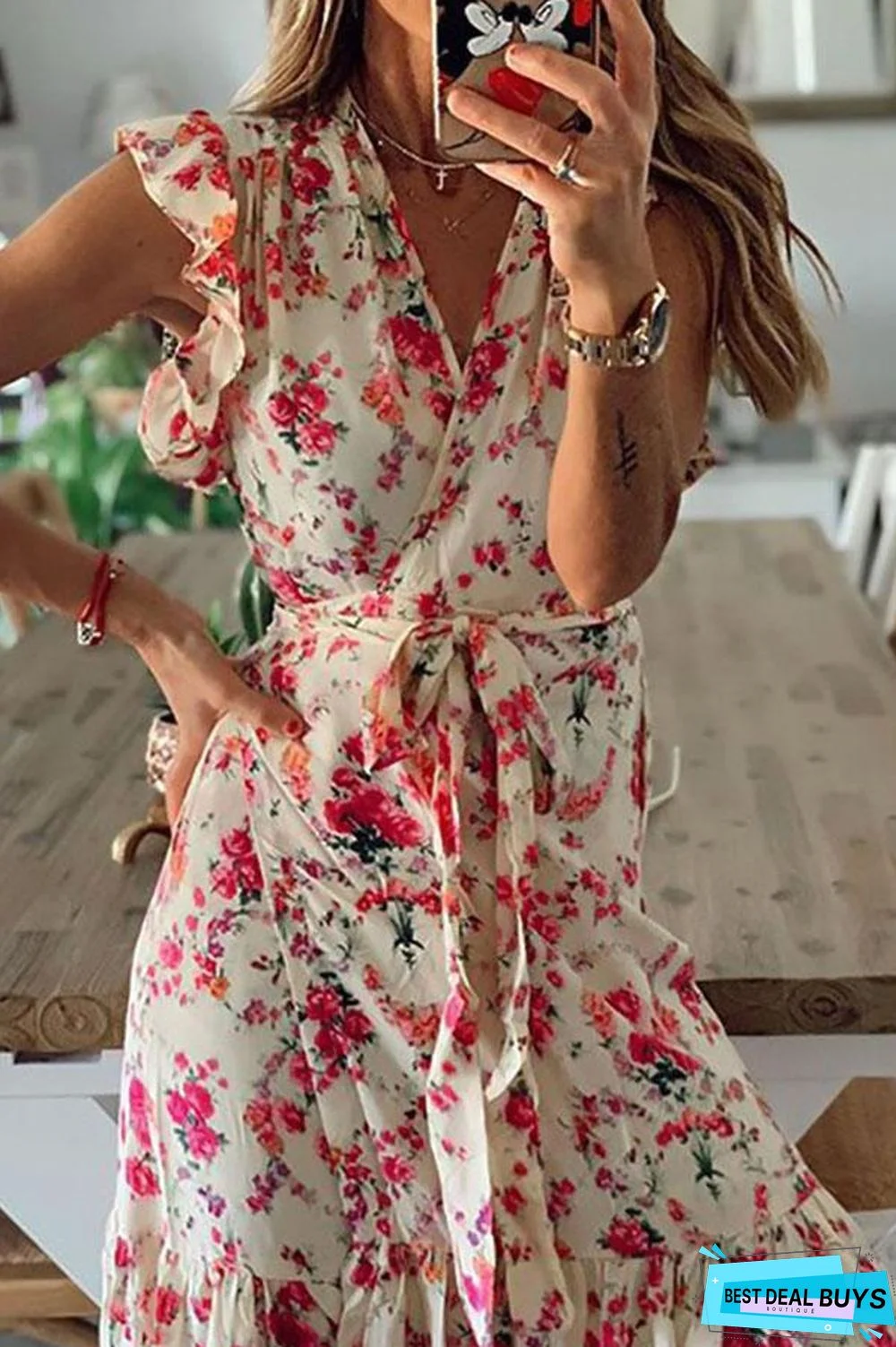 Bohemian Floral Print Cross Front V-Neck Ruffled Maxi Dress