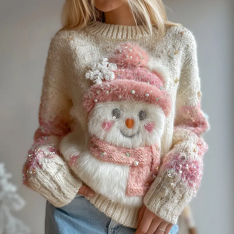 Women's Vintage Cute Snowman Snowflake Art Cozy Christmas Sweater