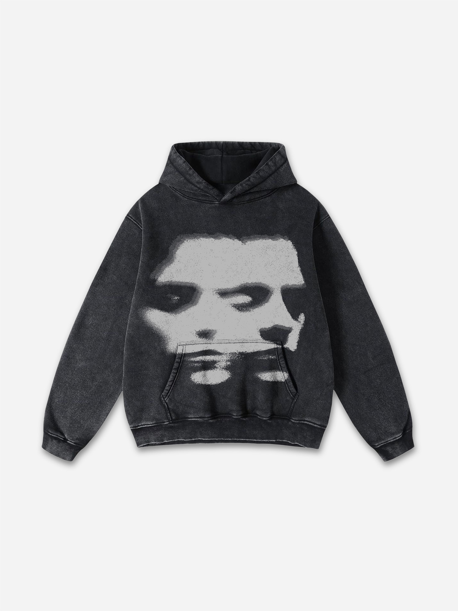 Sopula Relaxed Vintage Face Print Graphic Acid Washed Pullover Hoodie - SOPULA