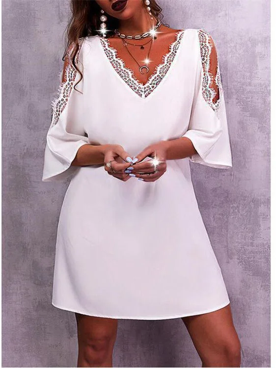 Women's White V-neck 3/4 Sleeve Lace Mini Dress