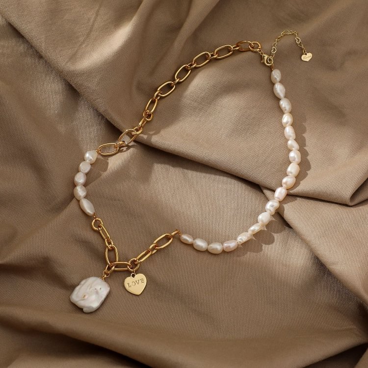 Half Pearl Half Chain Necklace Geometric Necklace