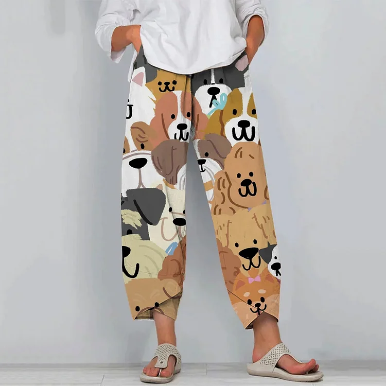 Retro Vintage Cartoon Dog Art Pattern Cropped Casual Pants