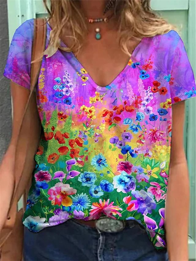 Women's Floral Plants Casual Daily T shirt Tee Short Sleeve V Neck Basic Essential Tops Rainbow S / 3D Print