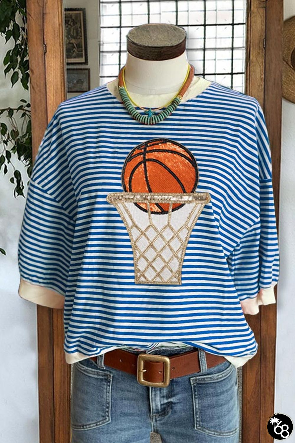 Basketball Hoop Sequin Stripe Print Puff Sleeve Top | 168DEAL