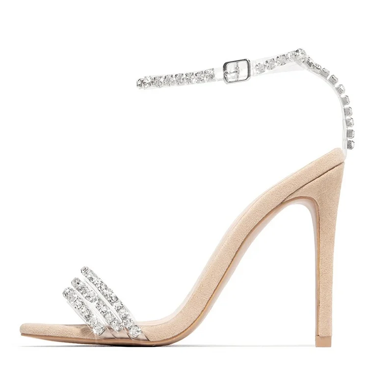Nude Suede Clear Ankle Strap Sandals Rhinestone Stiletto Heel Sandals |FSJ Shoes
