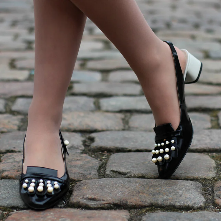 Black Patent Leather Block Heels Pearls Fringe Slingback Pumps |FSJ Shoes
