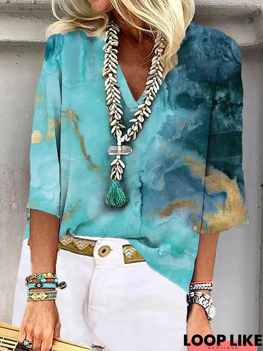 Boho Shift V Neck 3/4 Sleeve Top