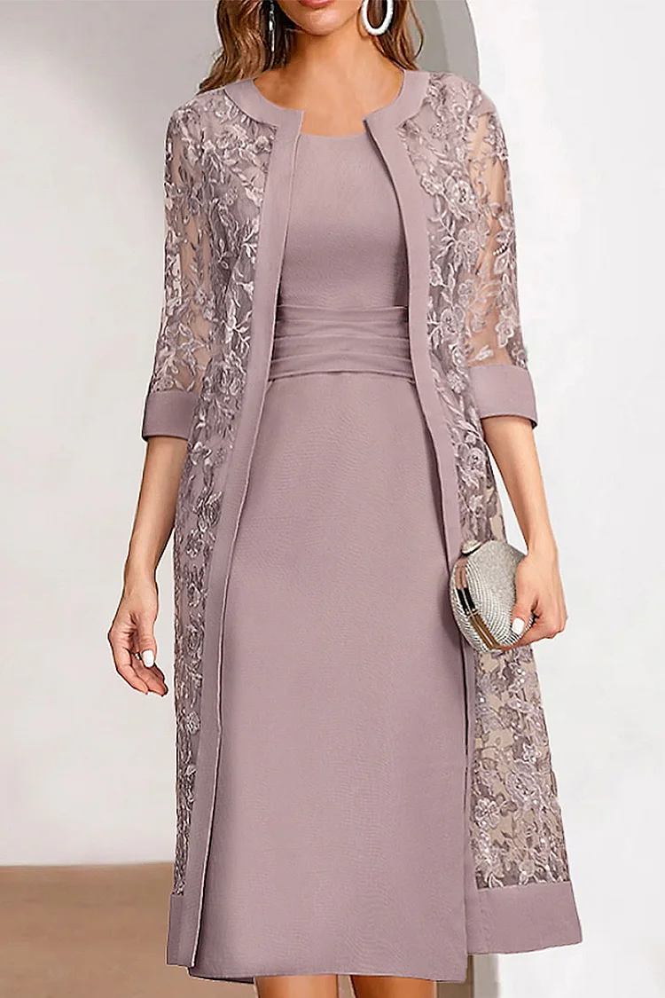 Flycurvy Plus Size Formal Vintage Mauve Embroidery Tunic Jacket Two Pieces Midi Dress  Flycurvy [product_label]