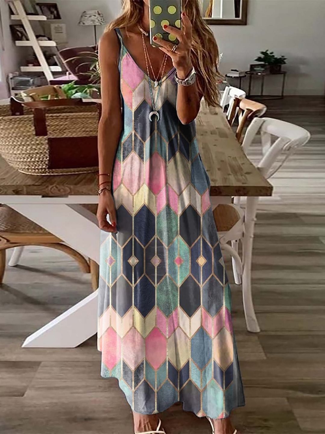 Women's V-neck Chic Printed Maxi Slip Dress