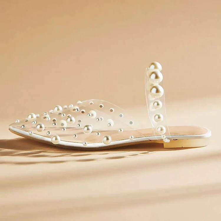 Elegant Pointed Toe Clear Shoes Pearl Decor Wedding Flat Mules |FSJ Shoes