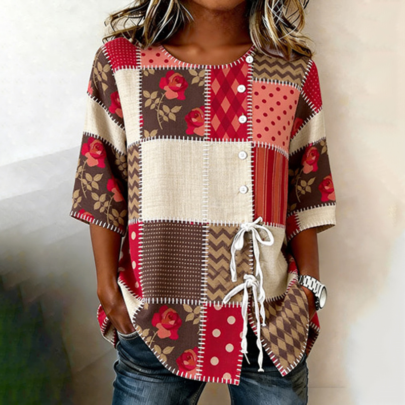 Comstylish Retro Floral F Print Cotton And Linen Shirt