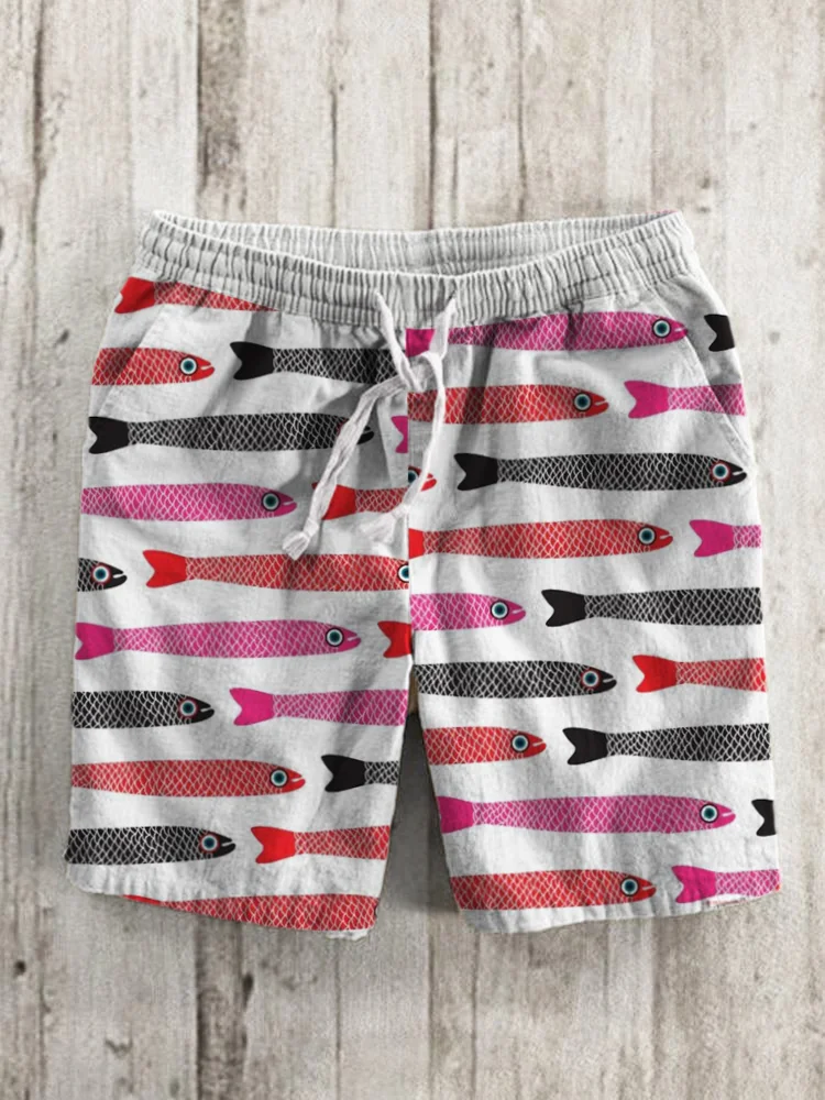 Men's Fish Art Print Linen Blend Shorts