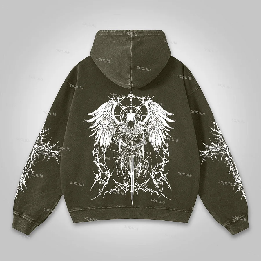 Sopula Vintage Angel Cross Faith Graphic Washed Hoodie