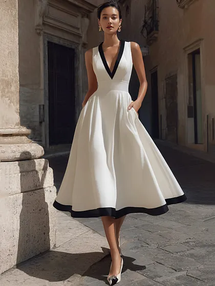 Elegant Lace-Trim V-Neck Belted Midi Dress