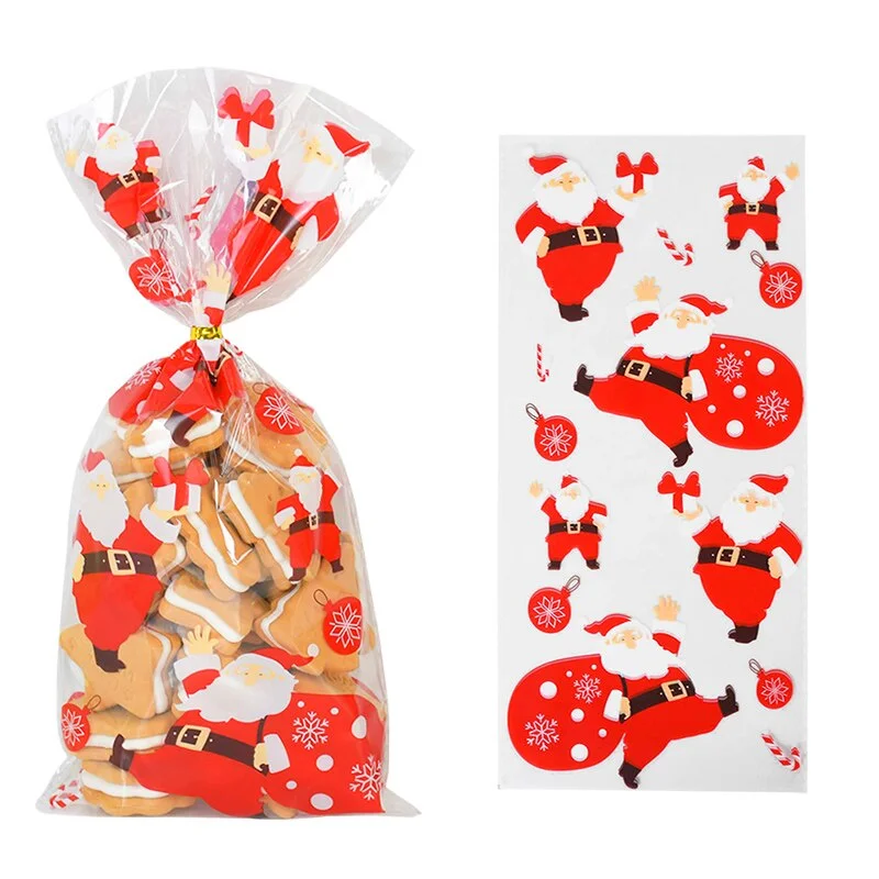 50pcs Santa Claus Christmas Tree Elk PVC Bags Transparent Clear Gift Bag for Christmas Gift Baking Candy Cookie Packaging Bags