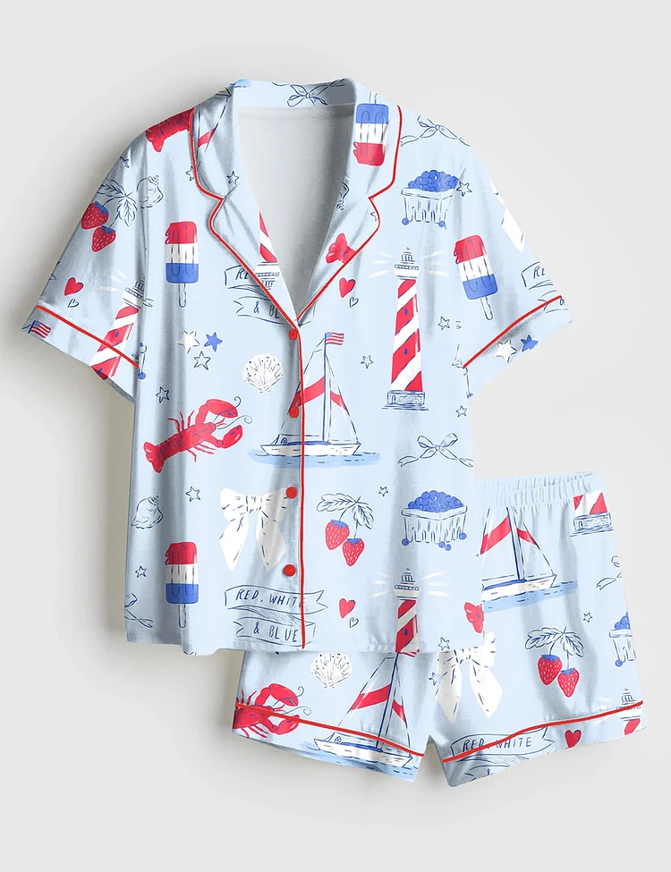 Women&rsquo;s Summer Americana East Coast Red White And Blue Patriotic 4th Of July Short Sleeve Satin Pajama Set