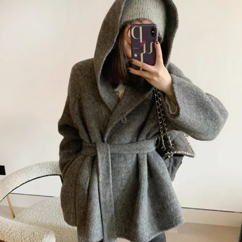 Aiertu Winter Jacket Women Thick Warm Loose Style Hood Luxury Casual Double -sided Wool Blends Ladies Miss Leisure Woolen Coat Aiertu