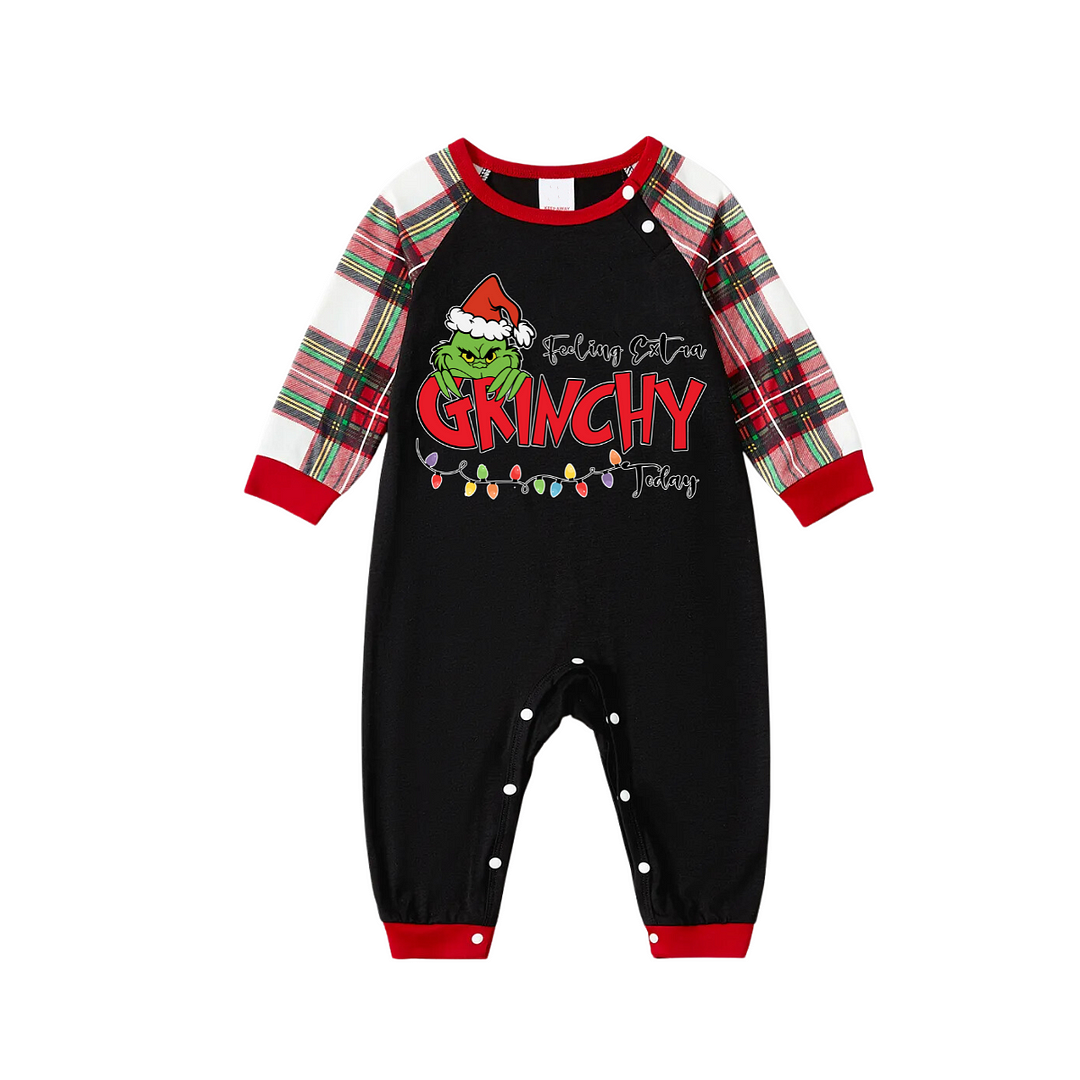 Christmas Cartoon and Light Print Black Long Sleeve Top with Red & White & Green Plaid Family Matching Pajamas