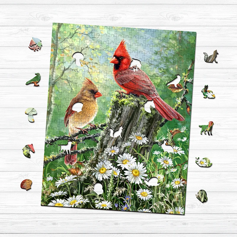 Jeffpuzzle™-JEFFPUZZLE™ Garden Cardinals Wooden Puzzle