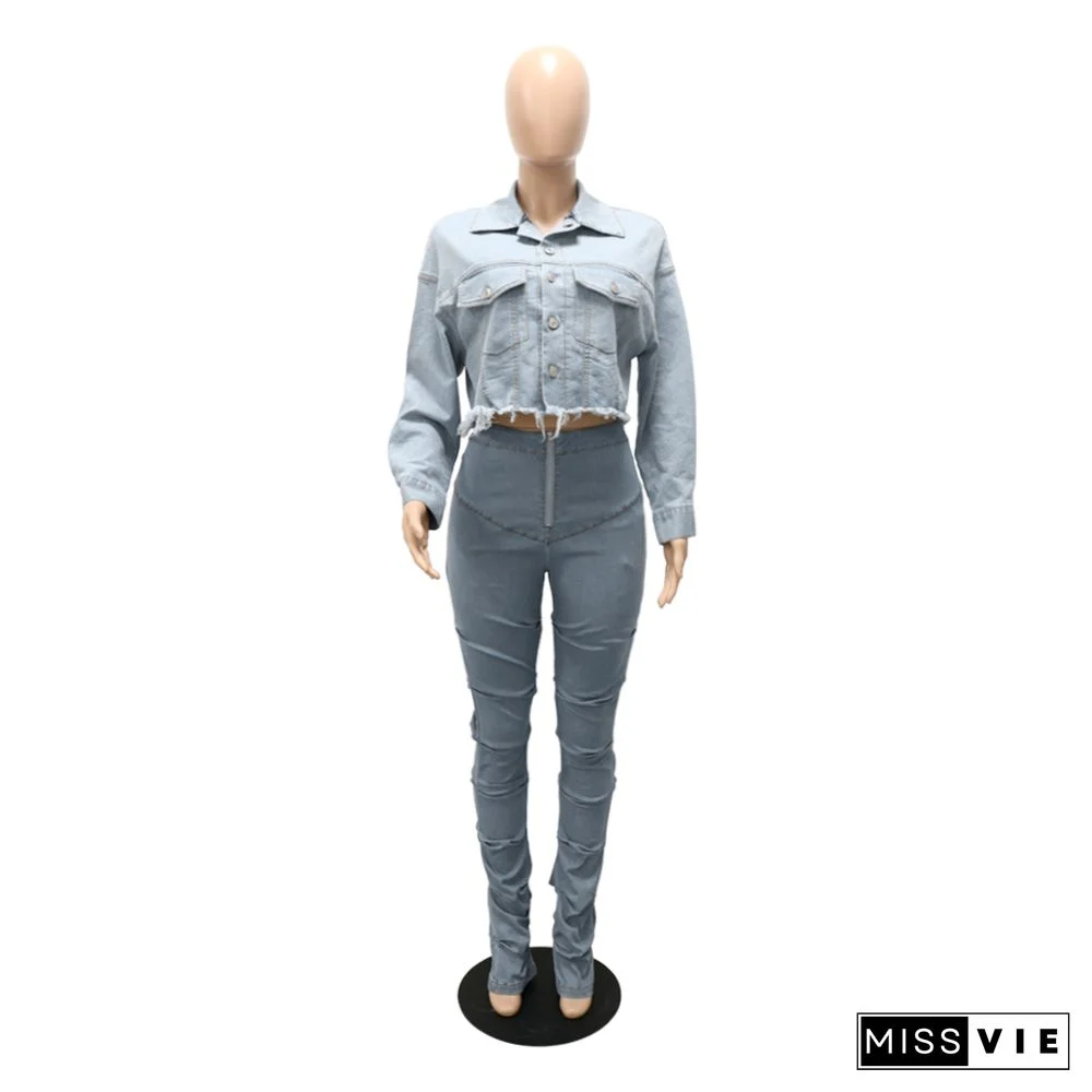 Vintage Outerwear Button Down Cropped Denim Jacket