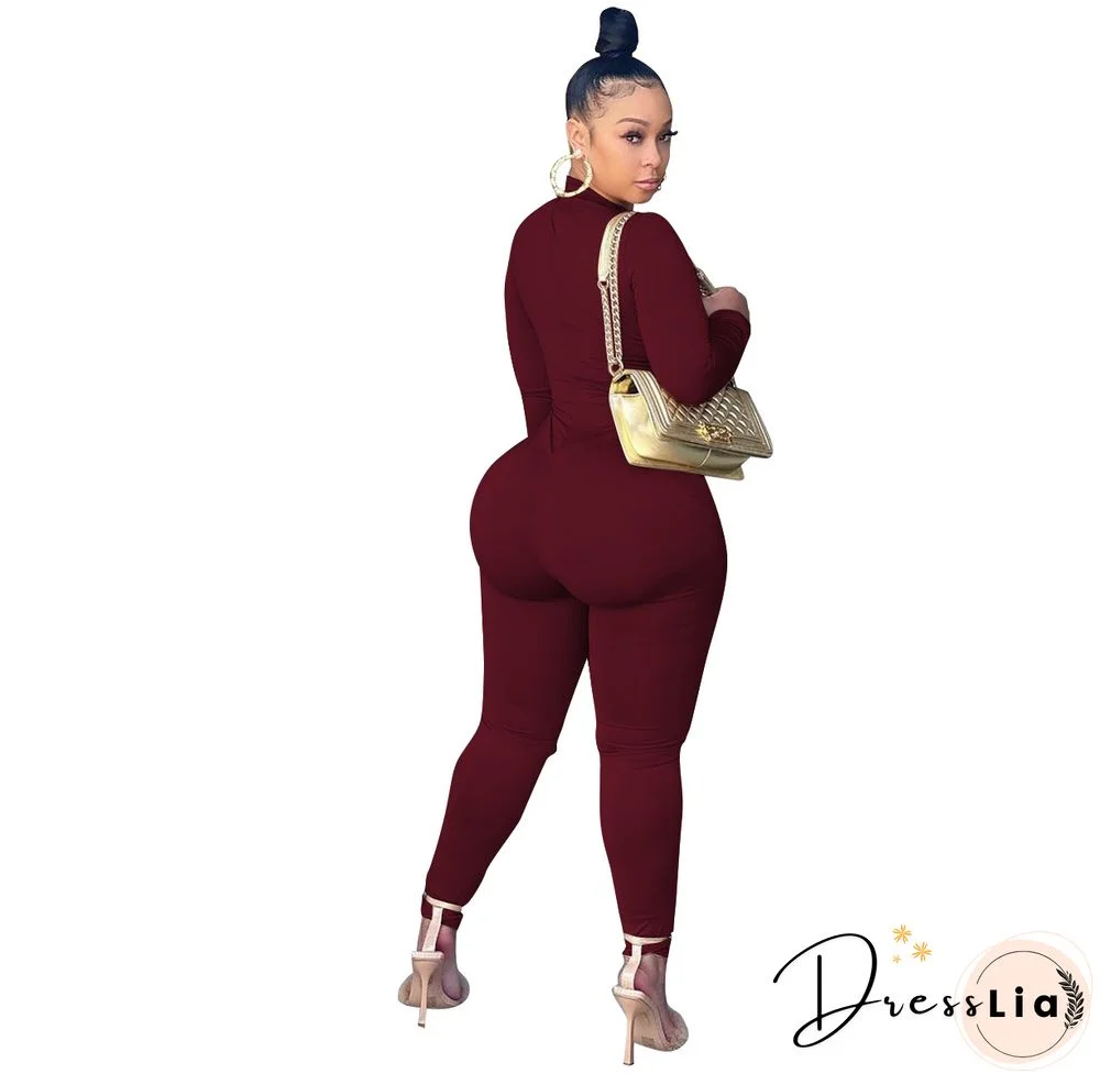 Hollow Out Cross Chain Lace Up Long Sleeve Jumpsuit