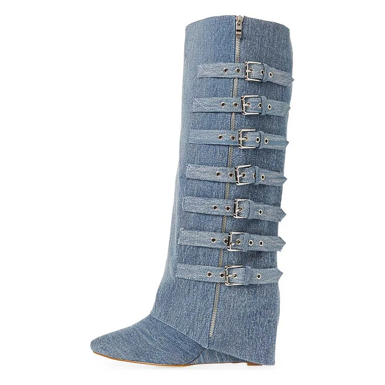 Blue Denim Pointed Toe Wedge Fold Over Boots with Buckle Belts |FSJ Shoes