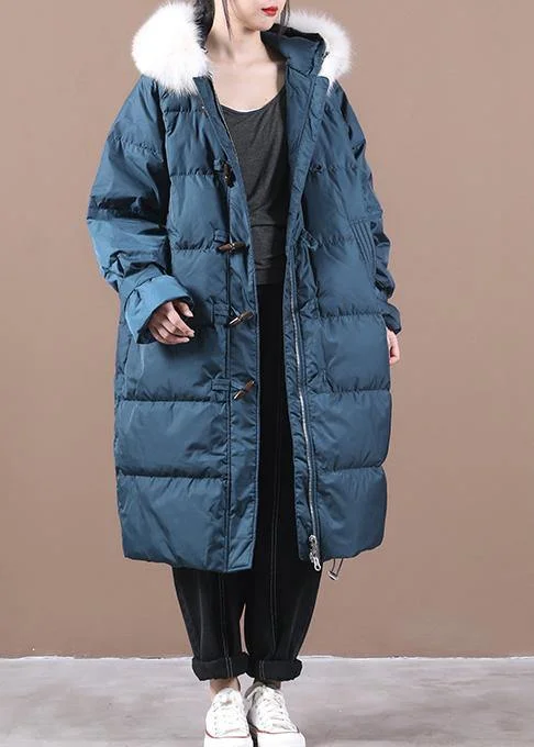 Luxury blue warm winter coat plus size pockets snow jackets hooded fur collar Elegant Jackets