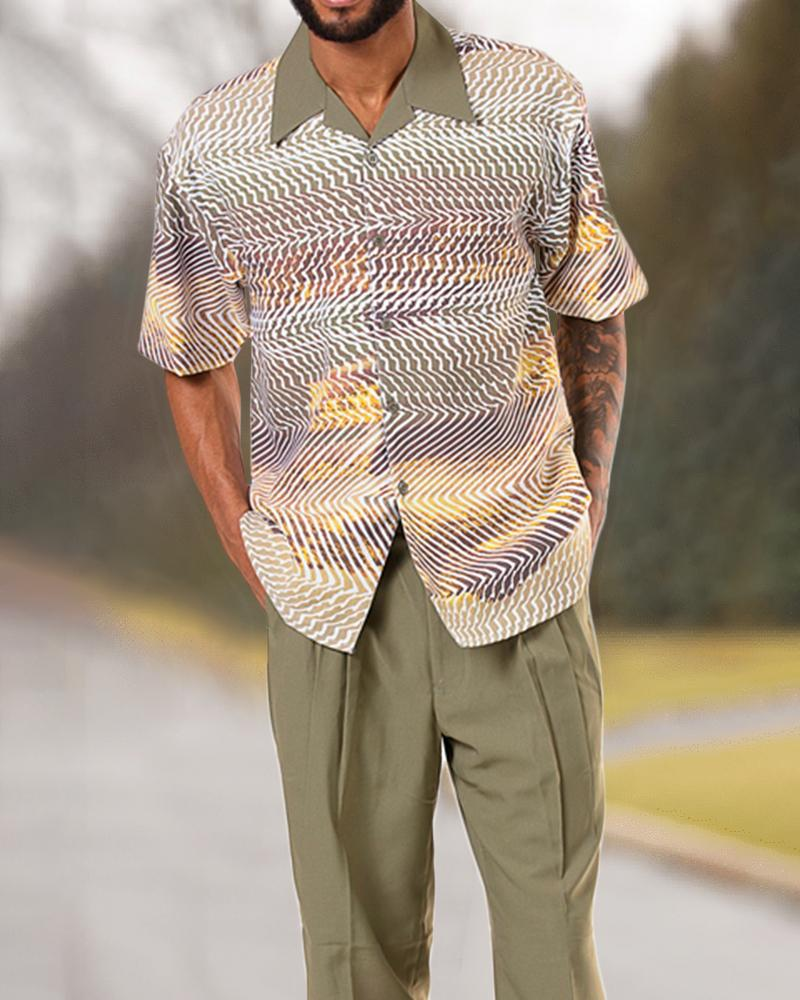 Two Piece Short Sleeve Print Walking Suit Set With Long Pants