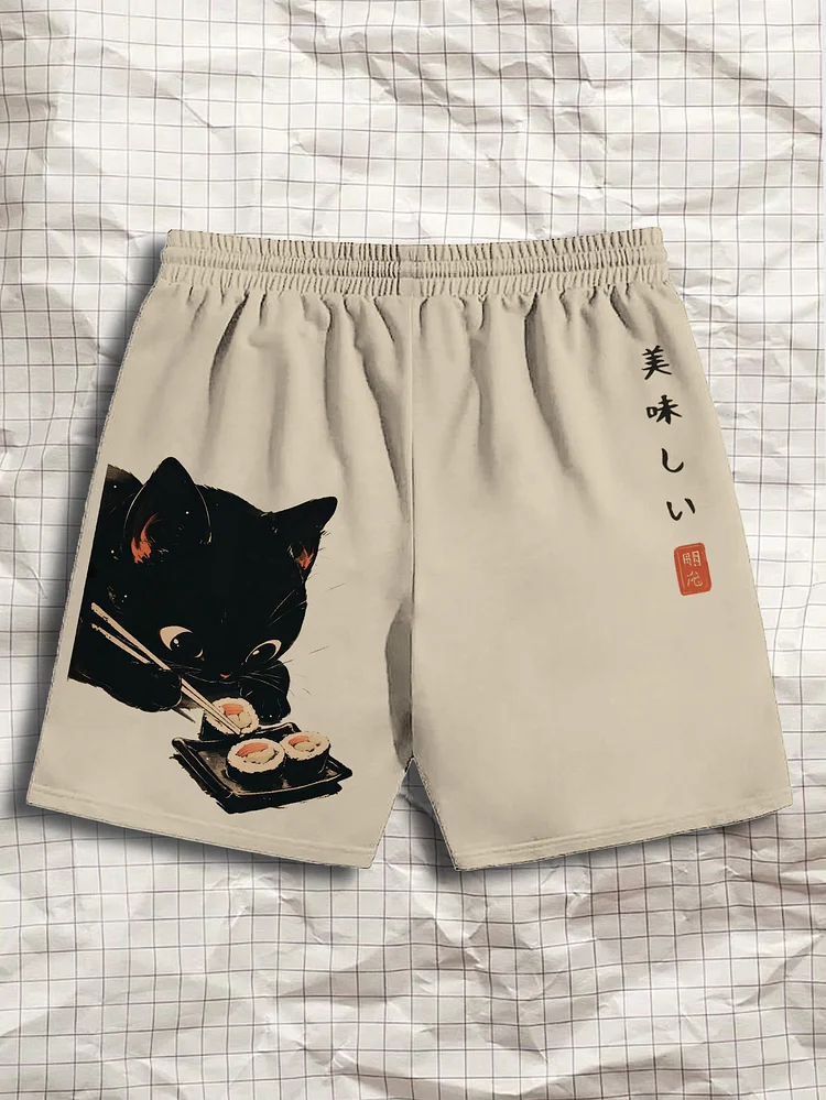 85% Men's Black Cat Eating Sushi Print Casual Cotton Shorts