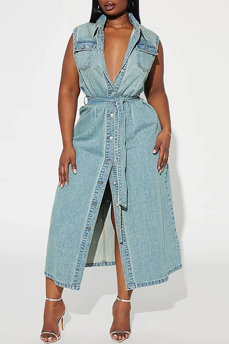 Sleeveless Turndown Collar Button Up Tie Belt Denim Midi Dresses-Blue