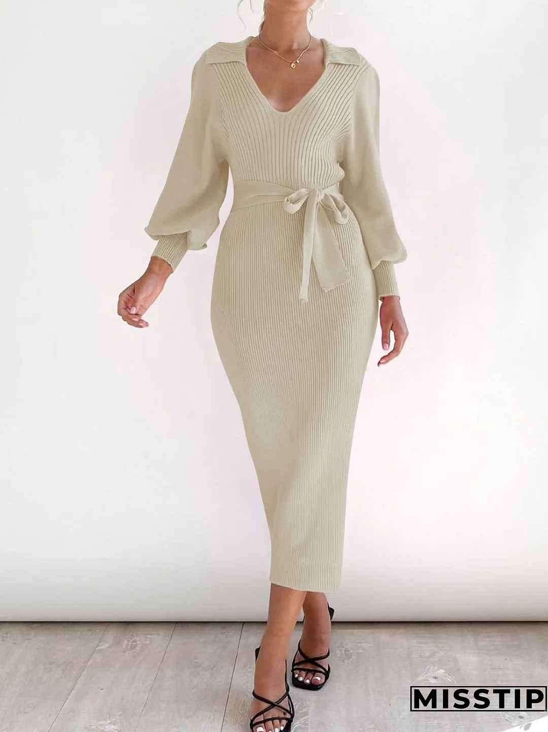 Tied Long Sleeve Wrap Sweater Dress