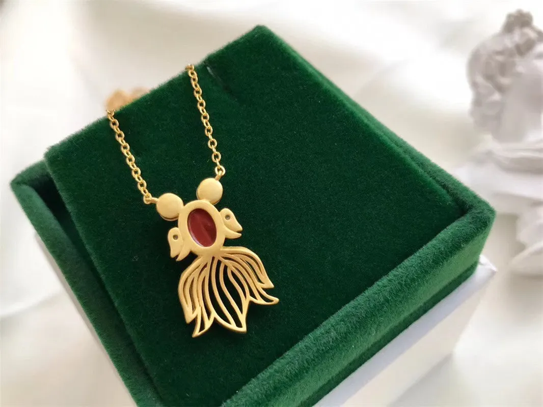 Cute Goldfish Red Agate Pearl Lucky Chain Necklace Earrings Set