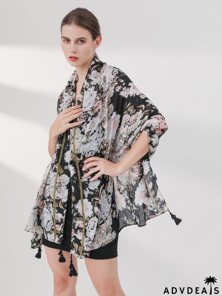 Floral Print Tassel Decor Scarf